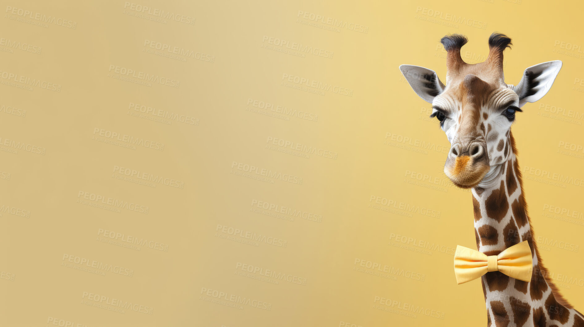 Buy stock photo Giraffe wearing bow tie on yellow background. Creative marketing campaign concept