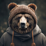 Bear wearing beanie and hoodie. Creative marketing campaign concept