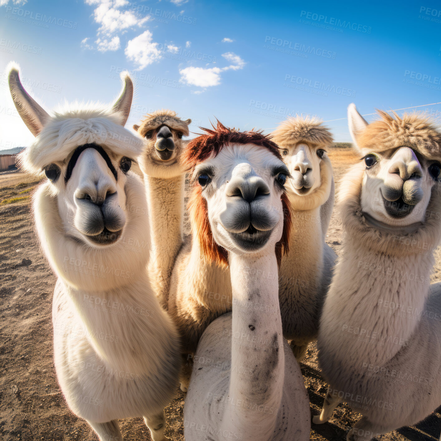 Buy stock photo Group of llamas with blue sky and clouds background. Creative marketing campaign concept