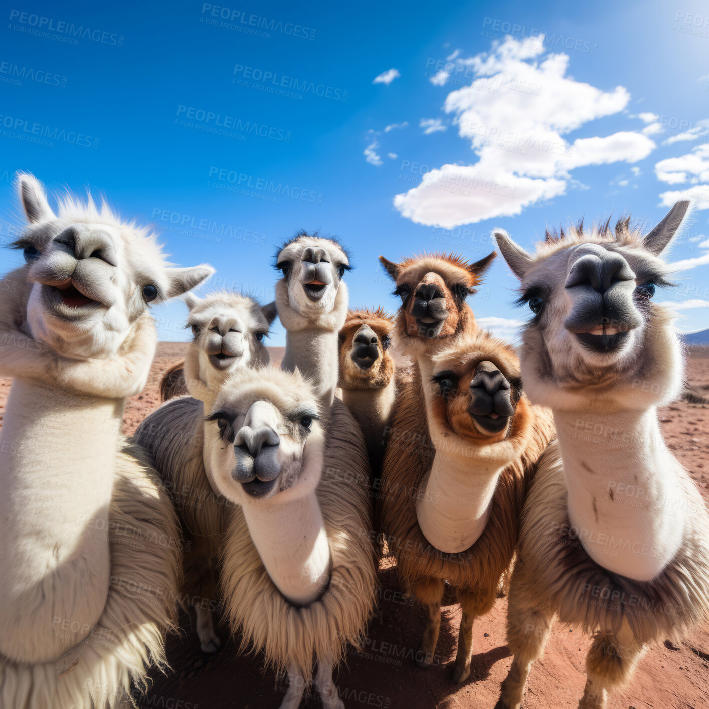 Buy stock photo Group of llamas with blue sky and clouds background. Creative marketing campaign concept