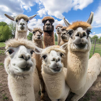 Group of llamas with blue sky and clouds background. Creative marketing campaign concept