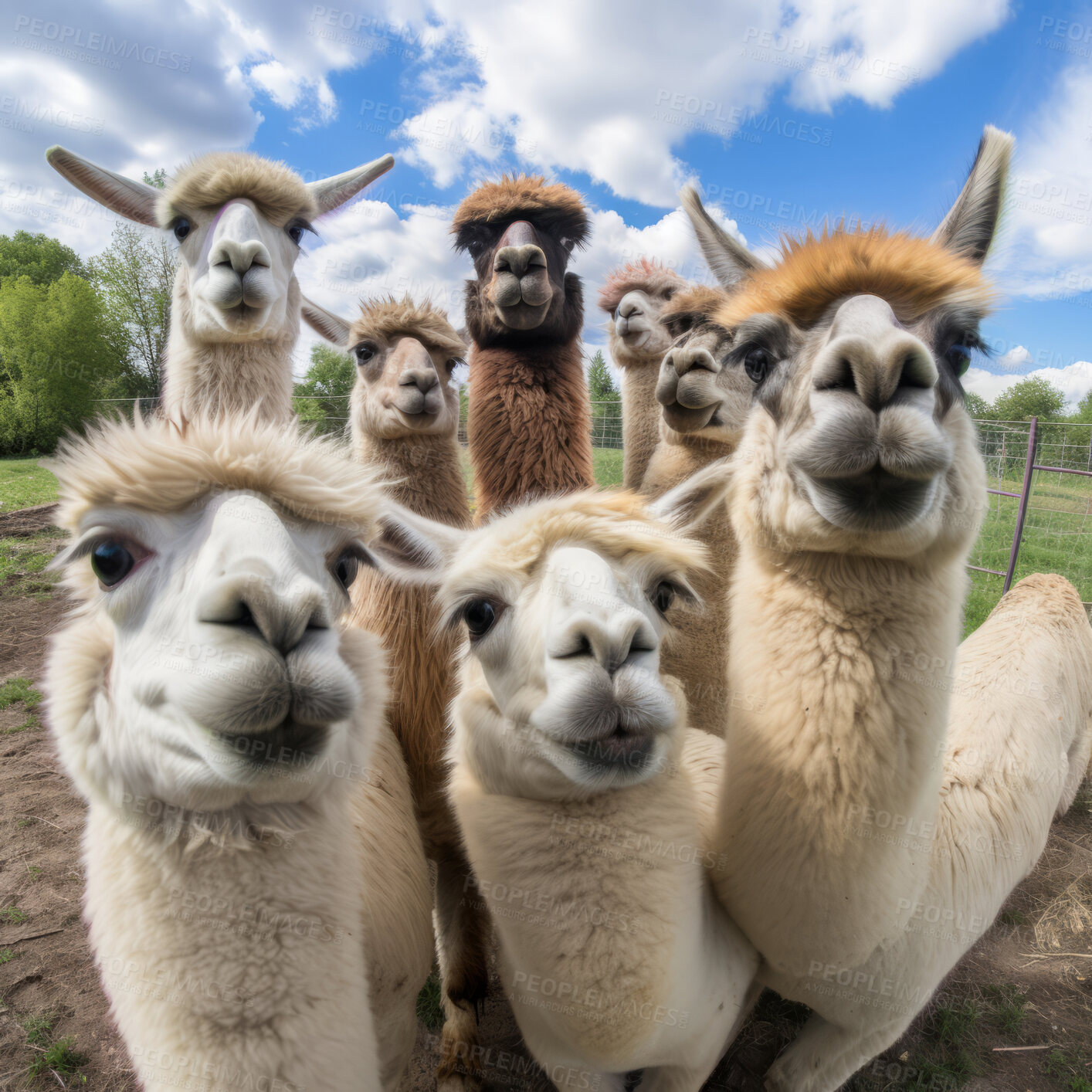 Buy stock photo Group of llamas with blue sky and clouds background. Creative marketing campaign concept