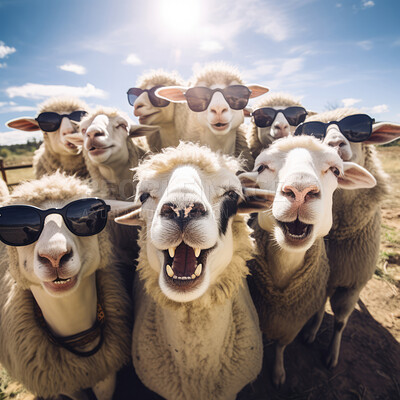 Sheep wearing sunglasses. Creative marketing campaign concept