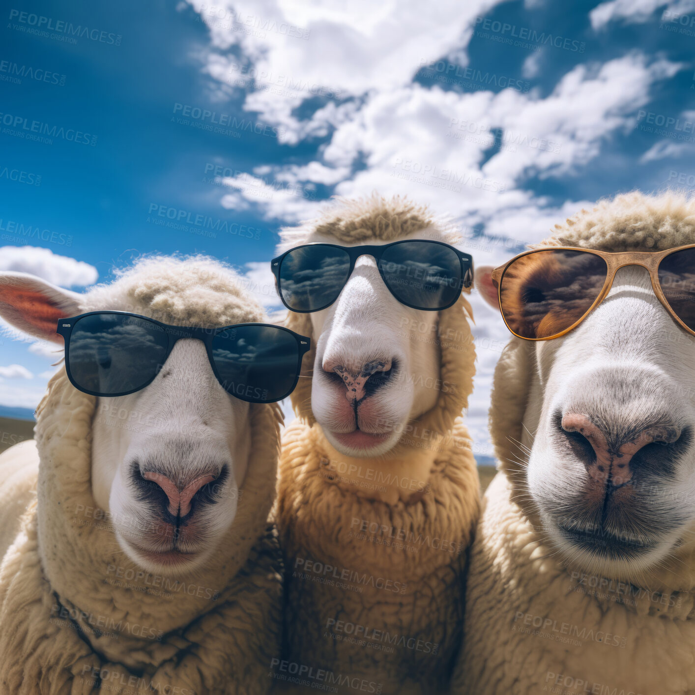 Buy stock photo Sheep wearing sunglasses. Creative marketing campaign concept