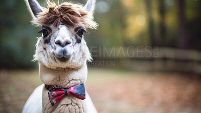 Llama wearing bow tie in park background. Creative marketing campaign concept