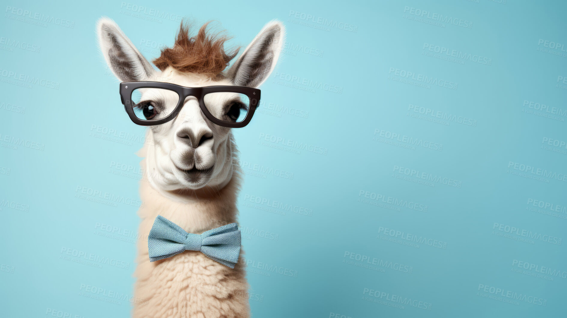 Buy stock photo Llama wearing bow tie and glasses on blue background. Creative marketing campaign concept