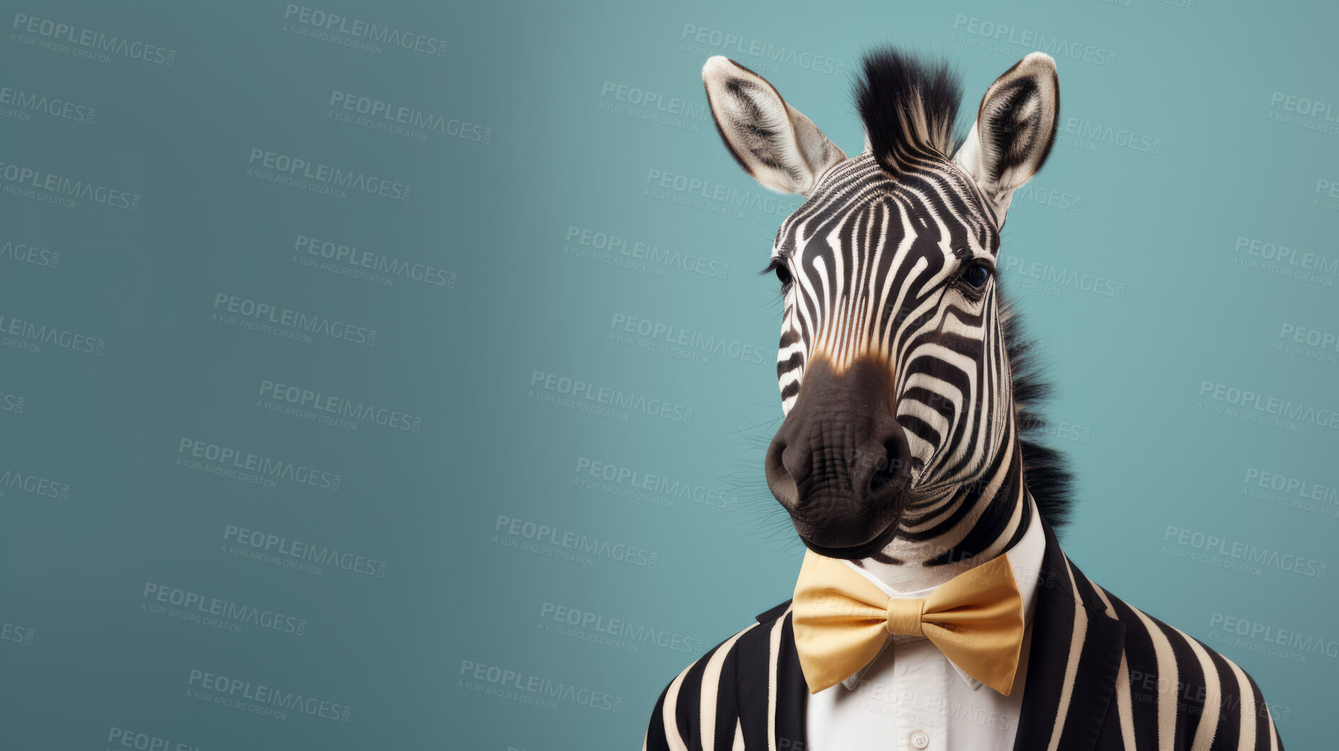 Buy stock photo Zebra wearing bow tie and suit on blue background. Creative marketing campaign concept