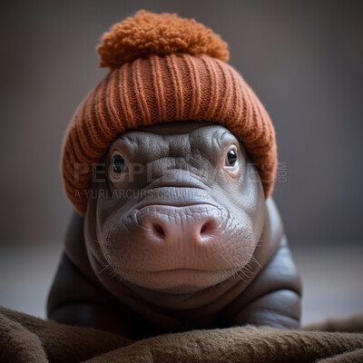 Baby hippo wearing beanie on dark background. Creative marketing campaign concept