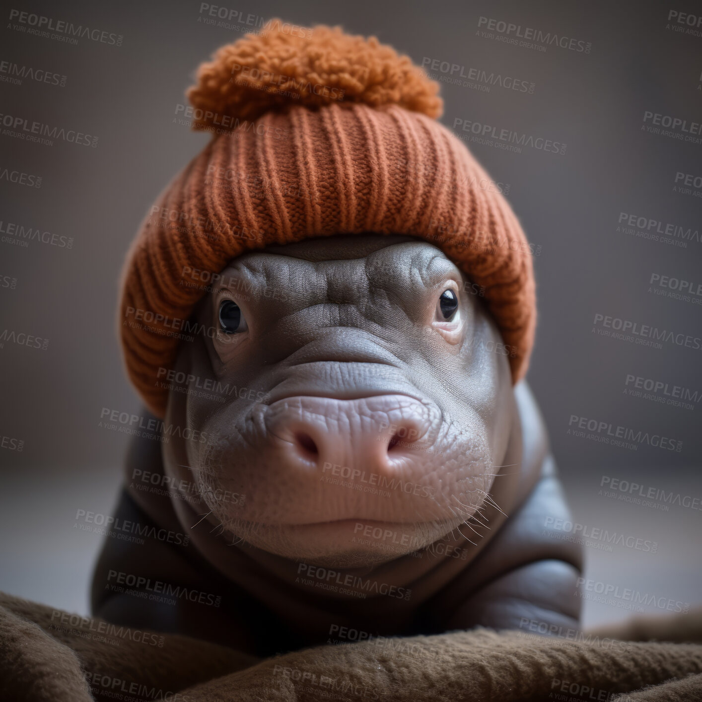 Buy stock photo Baby hippo wearing beanie on dark background. Creative marketing campaign concept