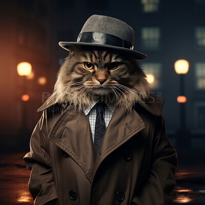 Cat in suit, hat, and coat on dark city background. Creative marketing campaign concept