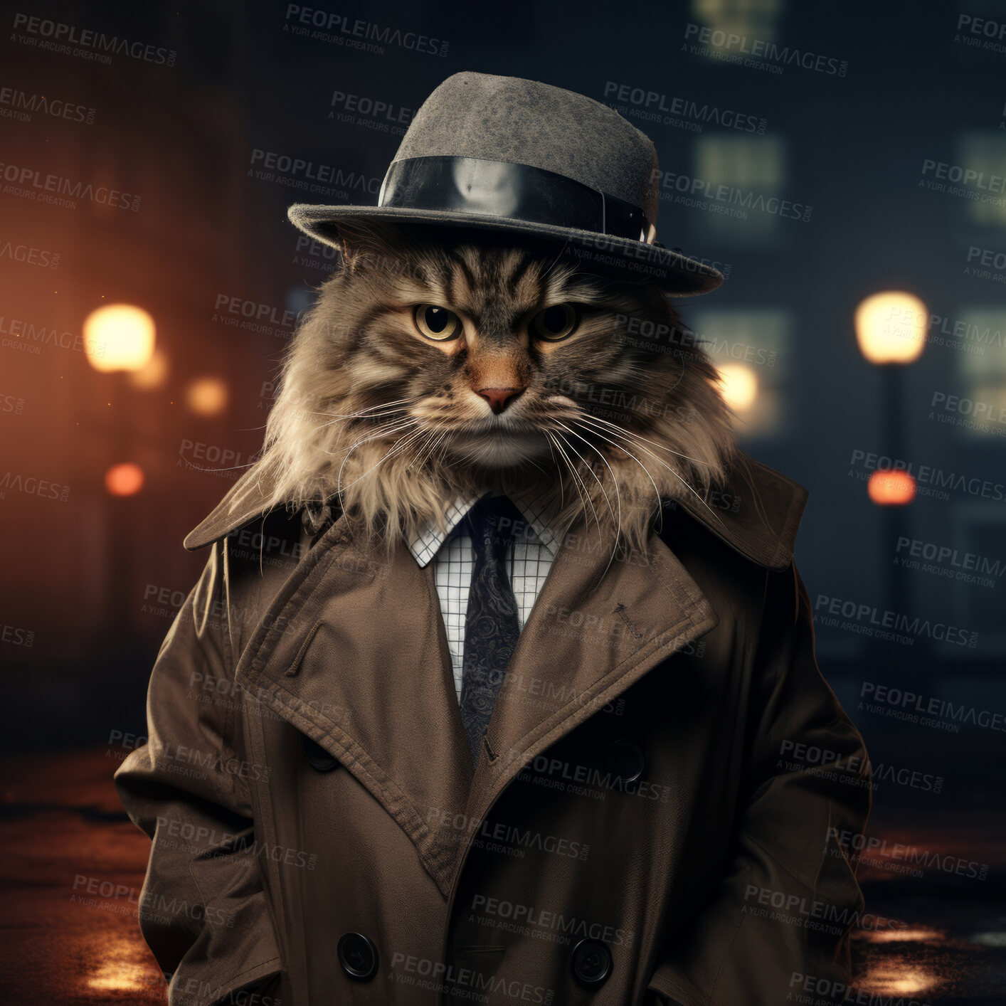 Buy stock photo Cat in suit, hat, and coat on dark city background. Creative marketing campaign concept