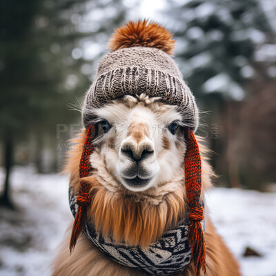 Llama in beanie and scarf on snow forest background. Creative marketing campaign concept