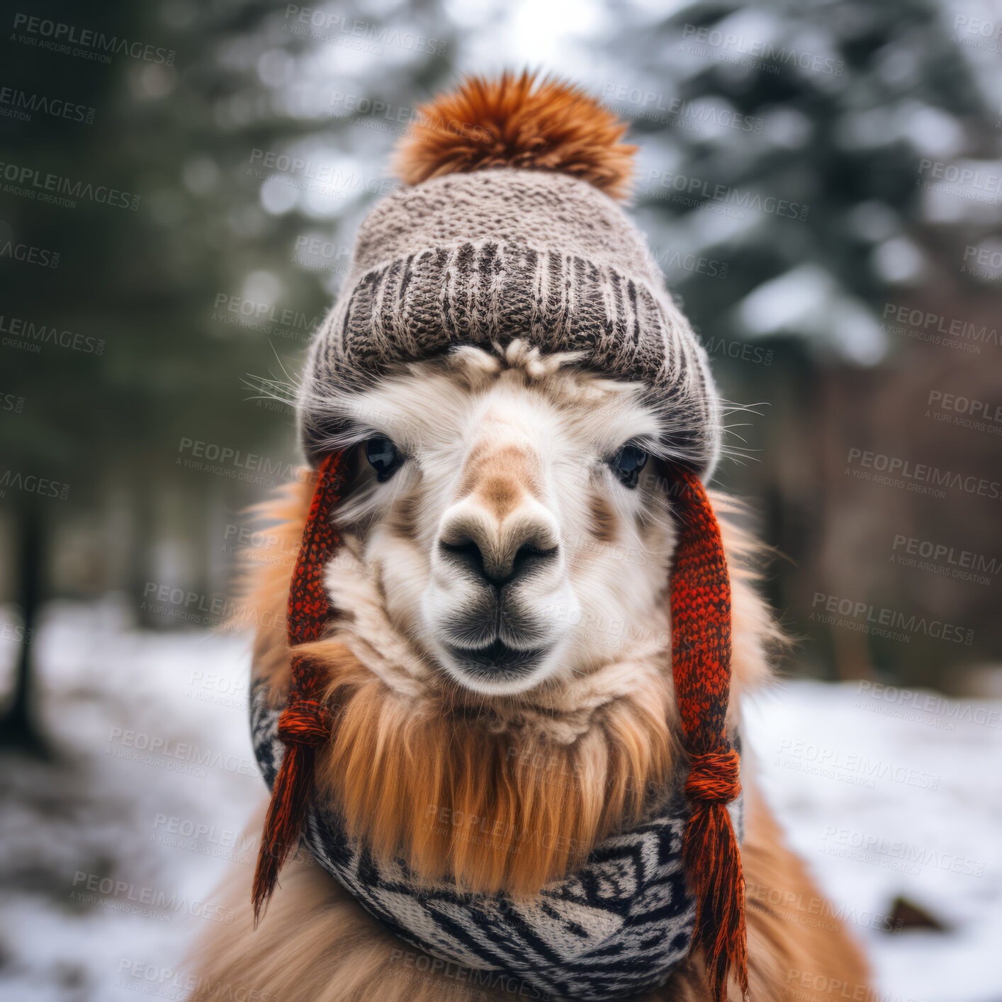 Buy stock photo Llama in beanie and scarf on snow forest background. Creative marketing campaign concept