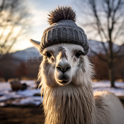 Llama in beanie on snow forest background. Creative marketing campaign concept
