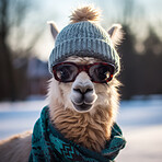 Llama in sunglasses, beanie and scarf on snow forest background. Creative marketing campaign concept