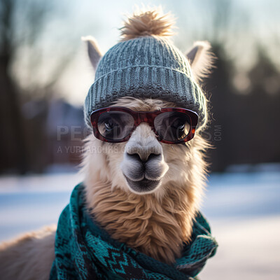 Llama in sunglasses, beanie and scarf on snow forest background. Creative marketing campaign concept