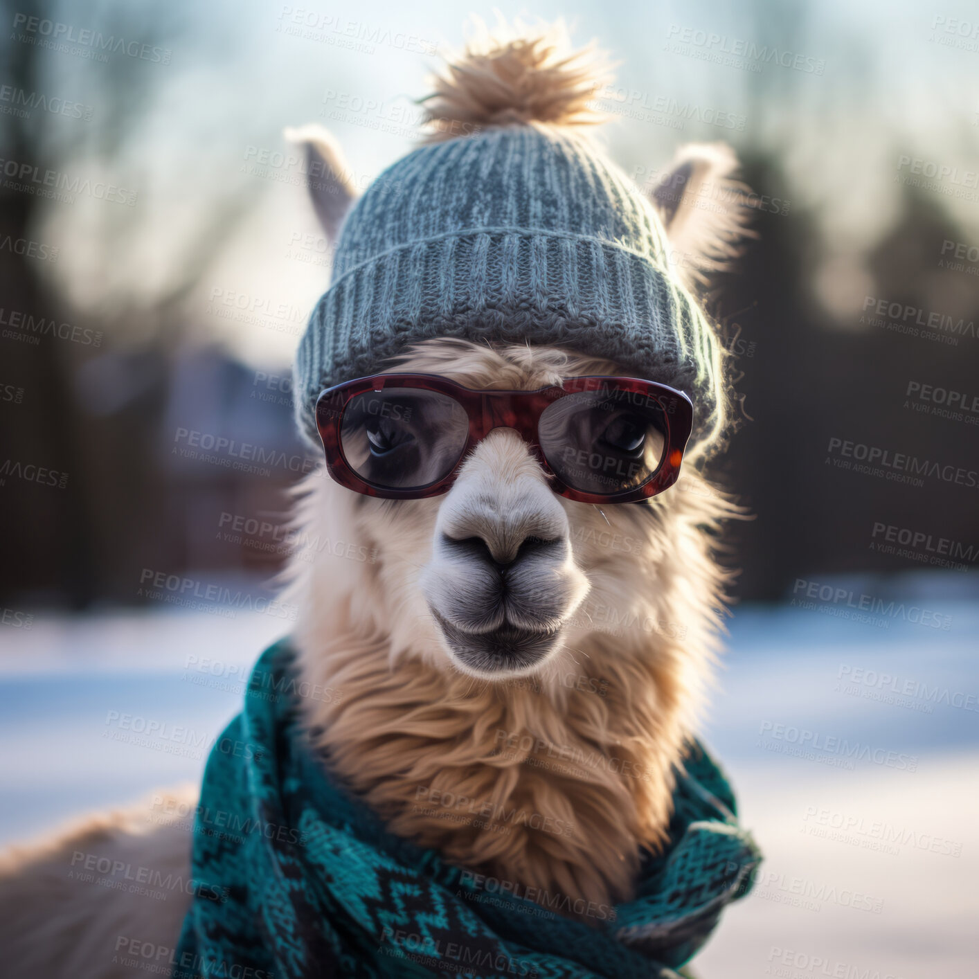 Buy stock photo Llama in sunglasses, beanie and scarf on snow forest background. Creative marketing campaign concept