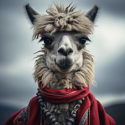 Llama in scarf on dark background. Creative marketing campaign concept