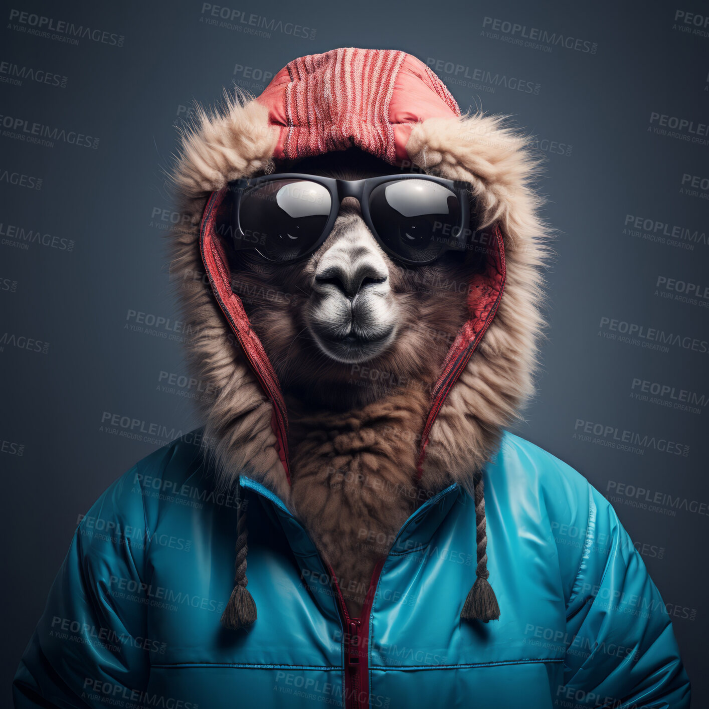 Buy stock photo Llama in jacket and sunglasses on dark background. Creative marketing campaign concept