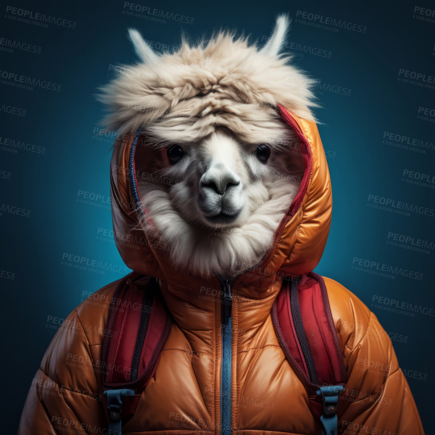 Buy stock photo Llama in jacket and backpack and on dark background. Creative marketing campaign concept