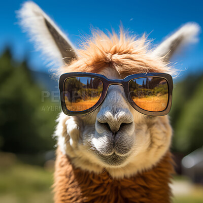 Llama in sunglasses on green park background. Creative marketing campaign concept