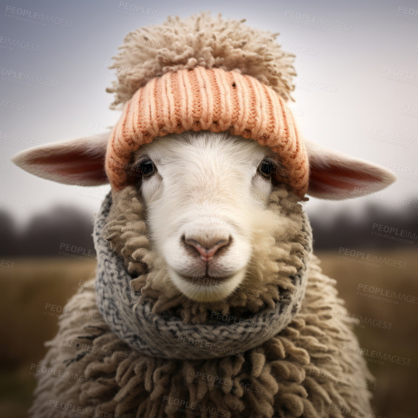 Buy stock photo Sheep in scarf and beanie on field background. Creative marketing campaign concept