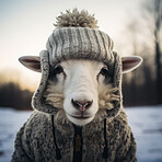 Sheep in jersey and beanie on snow background. Creative marketing campaign concept