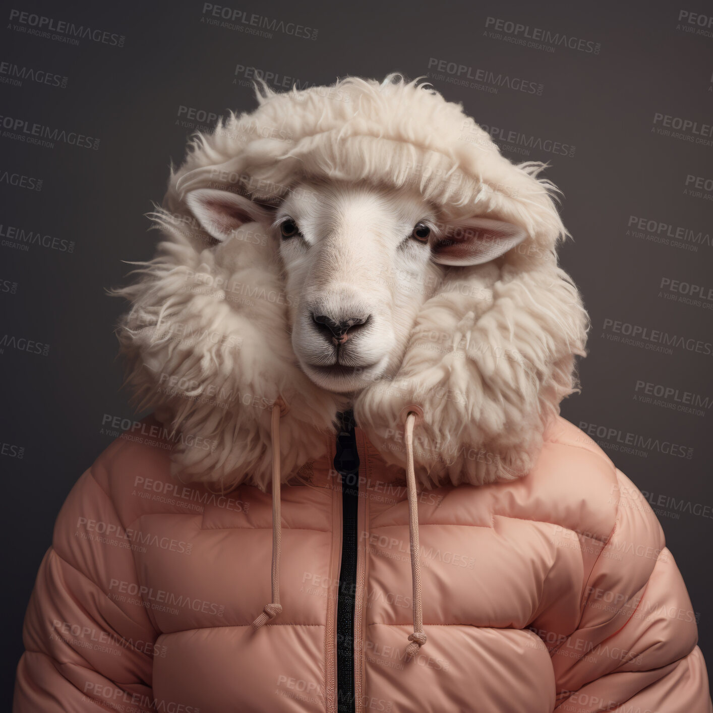 Buy stock photo Sheep in jacket on dark background. Creative marketing campaign concept