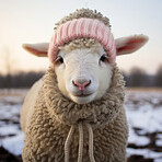 Lamb in jersey and headband on snow background. Creative marketing campaign concept