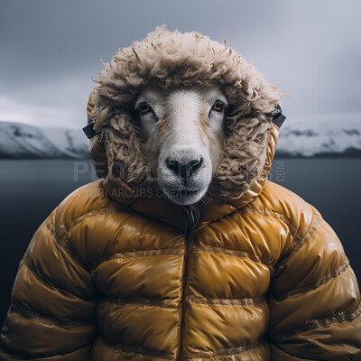 Sheep in jacket on snow lake background. Creative marketing campaign concept