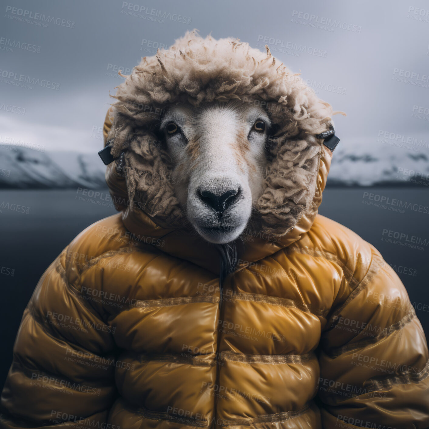 Buy stock photo Sheep in jacket on snow lake background. Creative marketing campaign concept