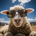 Sheep wearing sunglasses. Creative marketing campaign concept