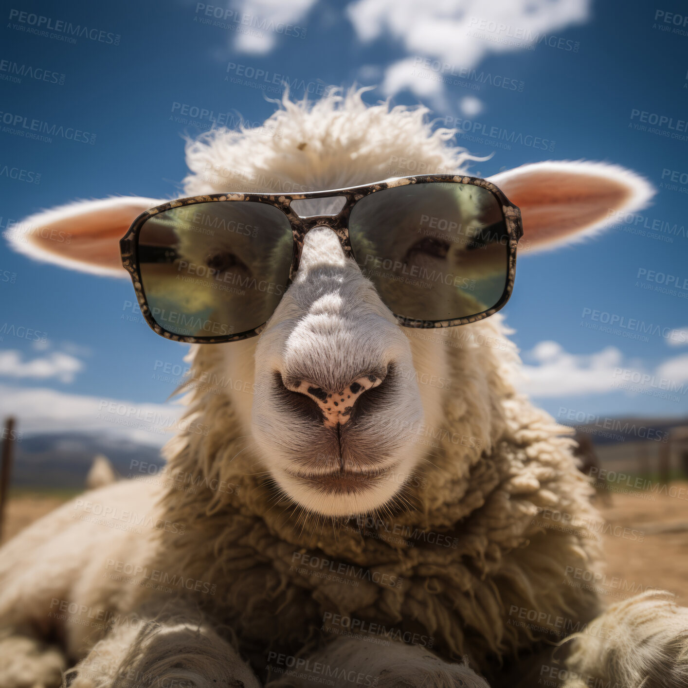 Buy stock photo Sheep wearing sunglasses. Creative marketing campaign concept