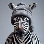 Zebra in beanie on grey background. Creative marketing campaign concept