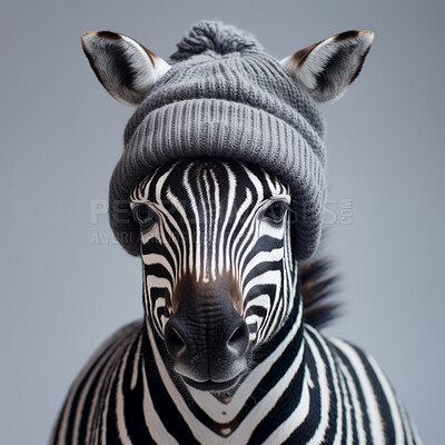 Zebra in beanie on grey background. Creative marketing campaign concept