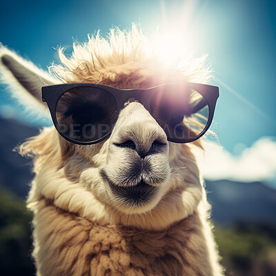 Llama in sunglasses on blue sky background. Creative marketing campaign concept