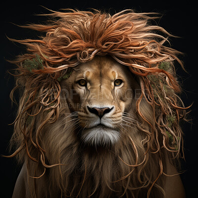 Lion with twigs in hair on dark background. Creative marketing campaign concept
