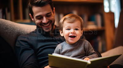 Young father reading a book to his son. Parent bonding and learning with toddler