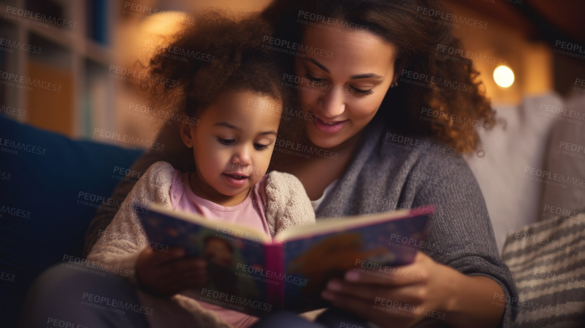 Buy stock photo Young mother reading a book to her daughter. Parent bonding and learning with toddler