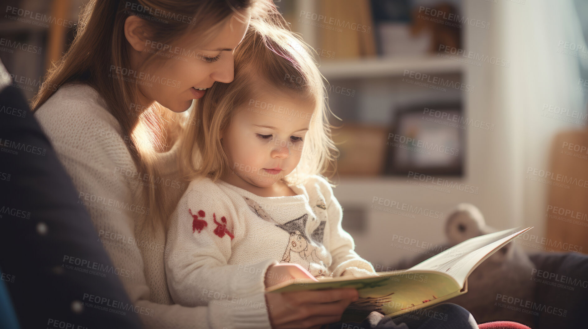 Buy stock photo Young mother reading a book to her daughter. Parent bonding and learning with toddler