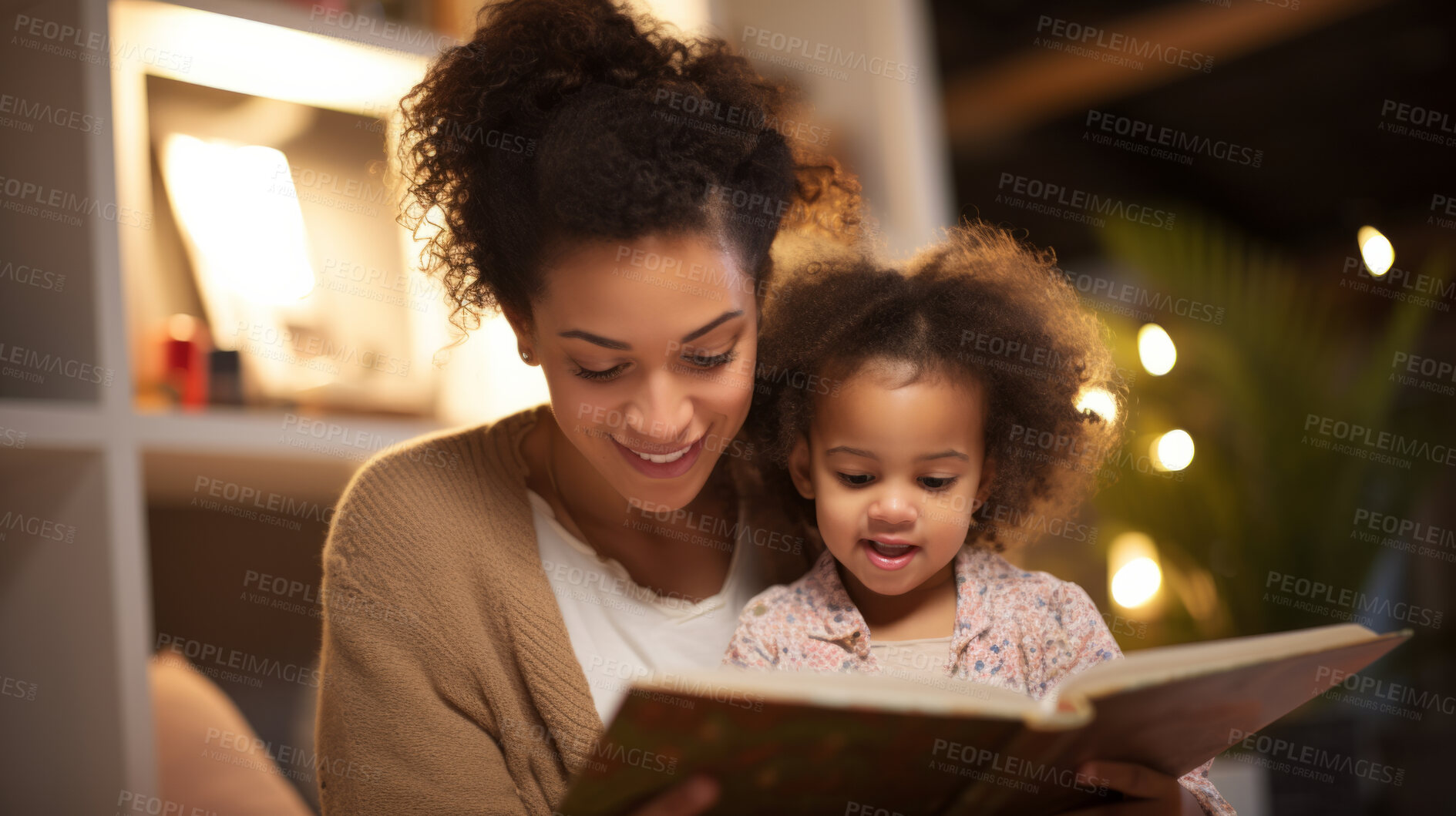 Buy stock photo Young mother reading a book to her daughter. Parent bonding and learning with toddler