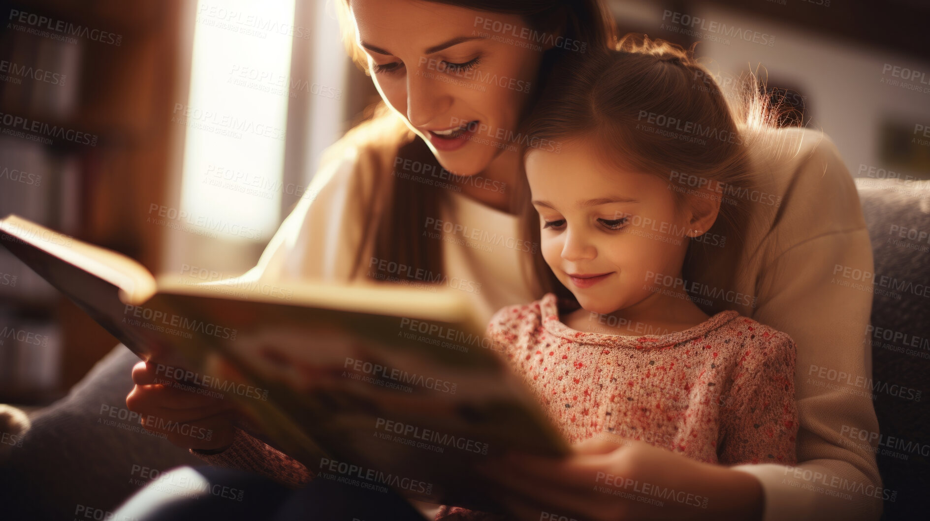 Buy stock photo Young mother reading a book to her daughter. Parent bonding and learning with toddler