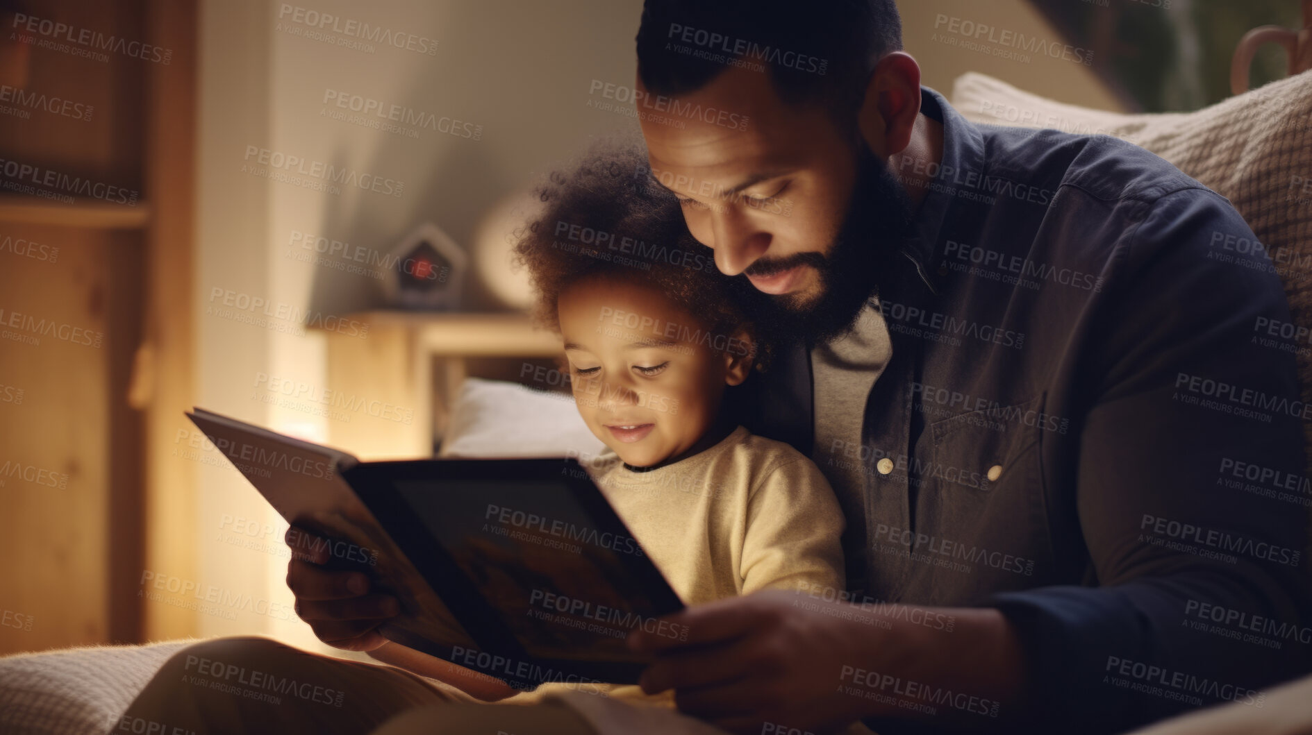 Buy stock photo Young father reading a book to his son. Parent bonding and learning with toddler