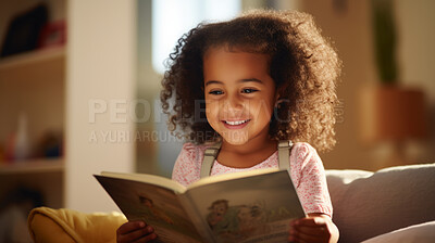 Toddler girl reading a book. Education and learning literacy. Kid reading a story