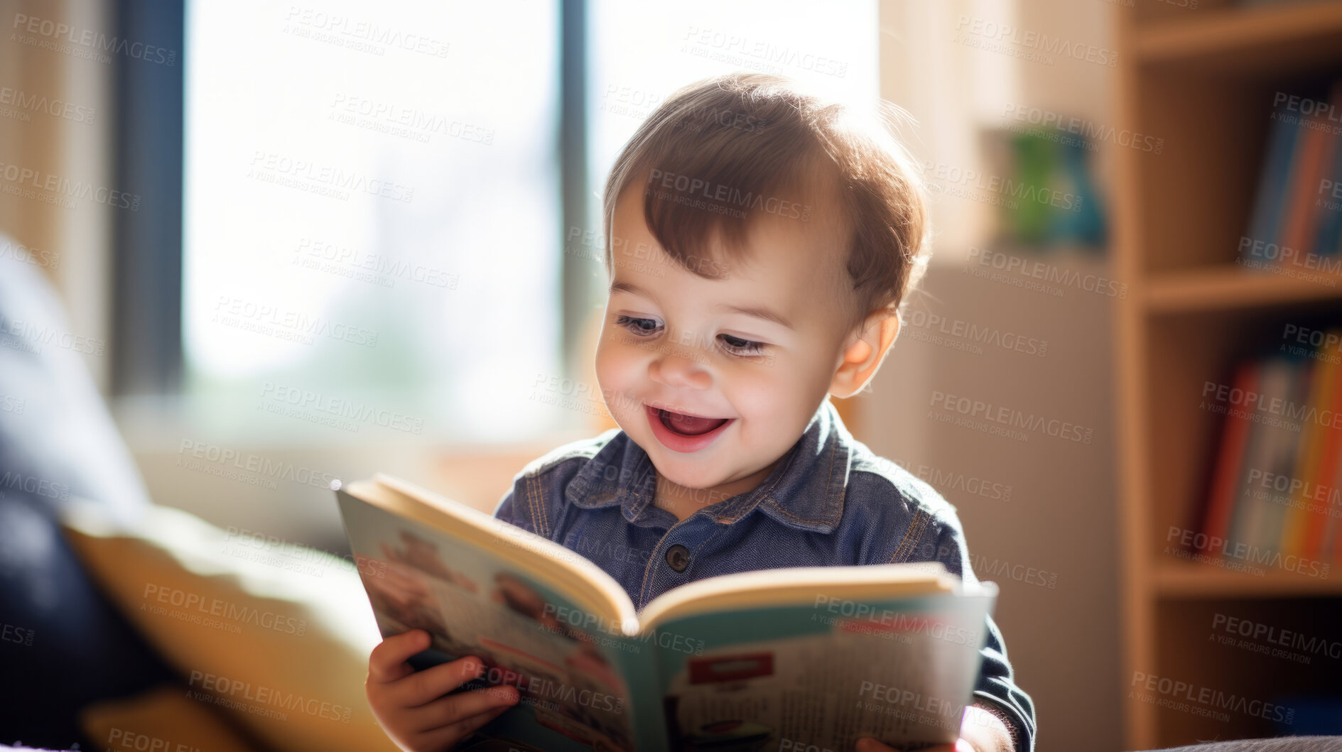 Buy stock photo Toddler boy reading a book. Education and learning literacy. Kid reading a story