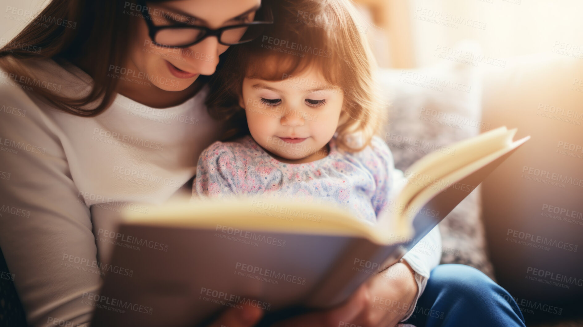 Buy stock photo Young mother reading a book to her daughter. Parent bonding and learning with toddler