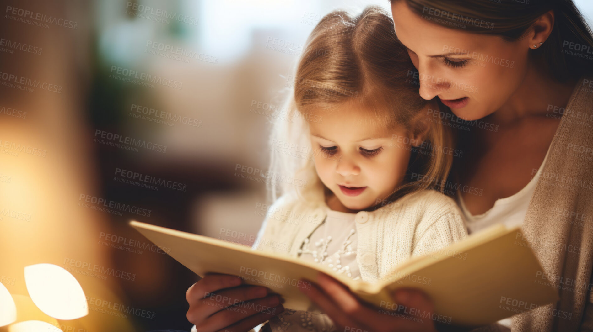 Buy stock photo Young mother reading a book to her daughter. Parent bonding and learning with toddler