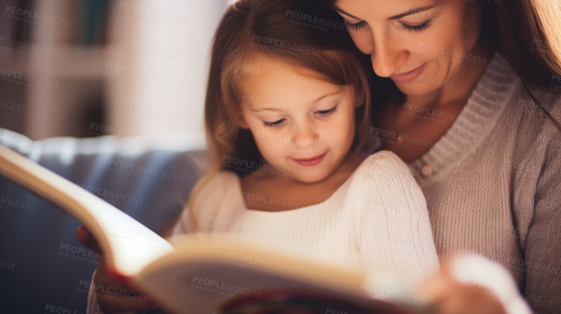 Buy stock photo Young mother reading a book to her daughter. Parent bonding and learning with toddler