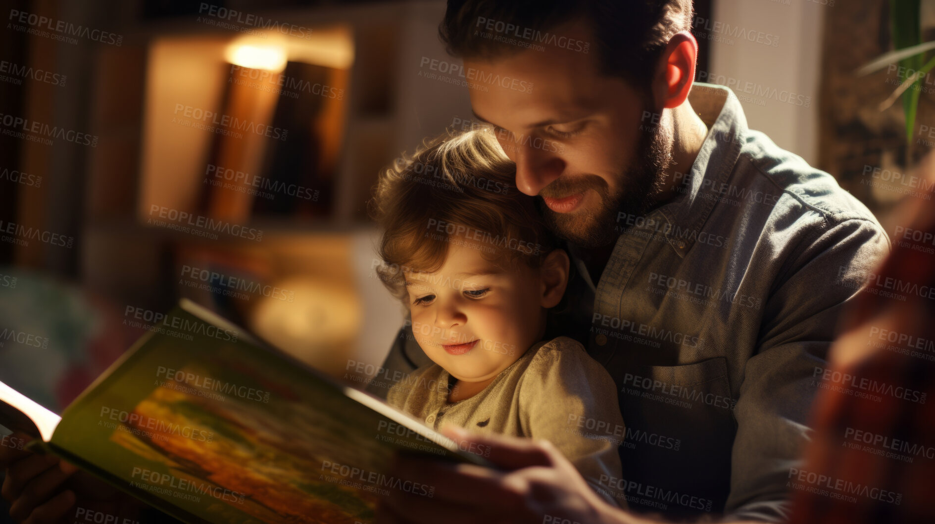 Buy stock photo Young father reading a book to his son. Parent bonding and learning with toddler