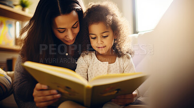 Young mother reading a book to her daughter. Parent bonding and learning with toddler